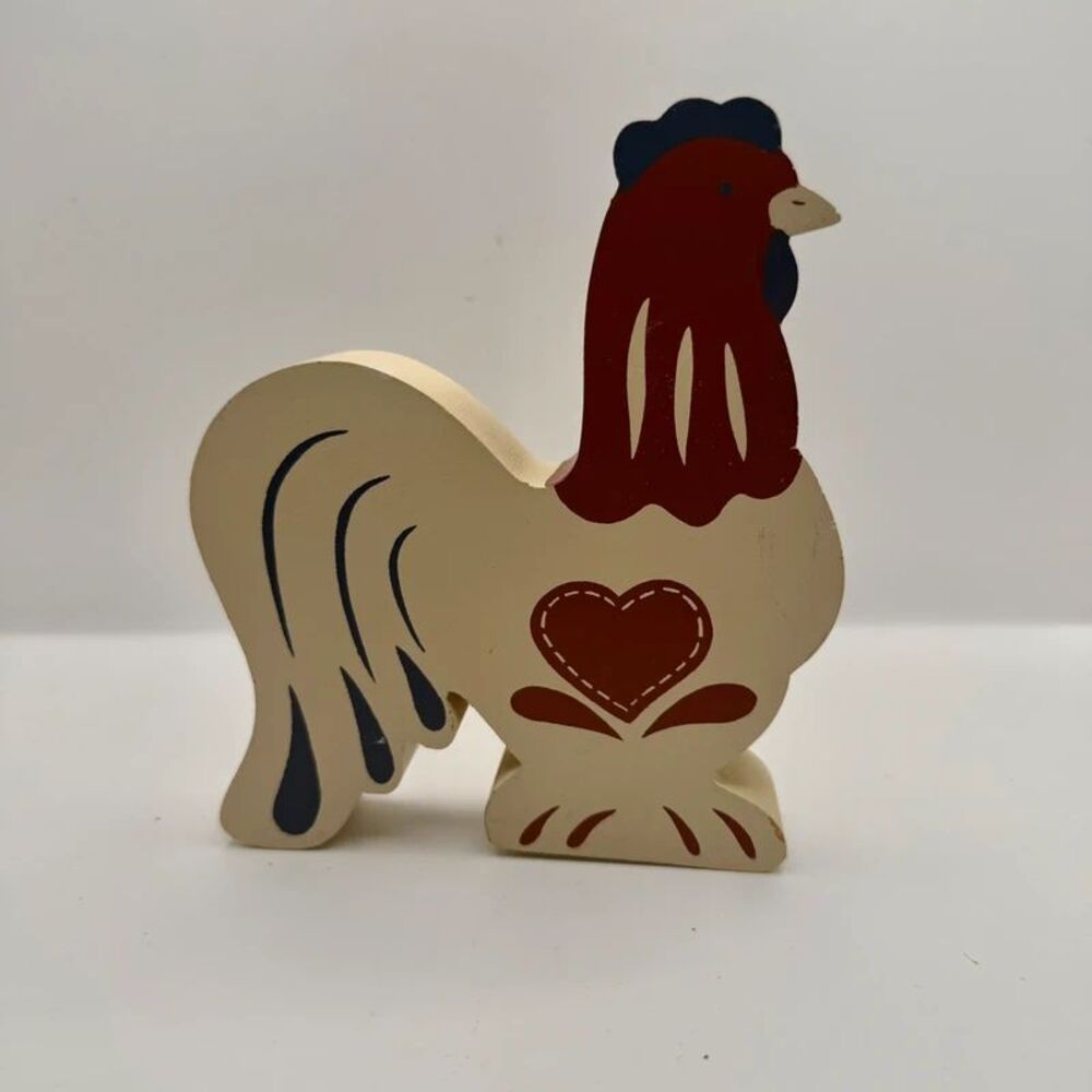 Vintage 80s Hand-Painted Wooden Rooster Figurine Country Farmhouse Shelf Sitter